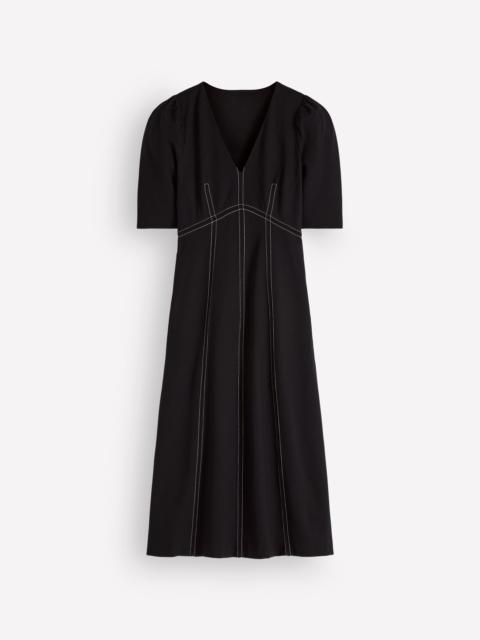BODEN Puff Sleeve Ponte Midi Dress-Black