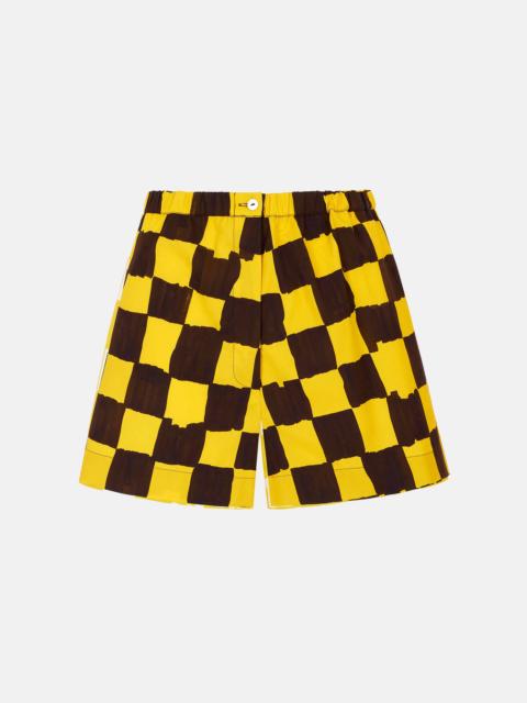 EMILIA WICKSTEAD Emilia Wickstead X Palm Heights Pasqa Shorts in Chocolate and Yellow Checkerboard Print Cotton