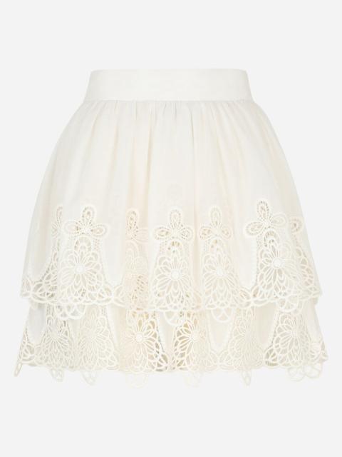 Ruffled embroidered cotton miniskirt