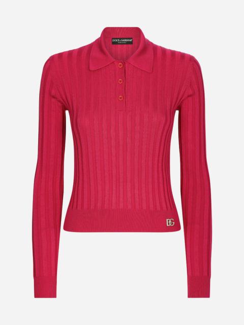 Cropped polo shirt in ribbed silk