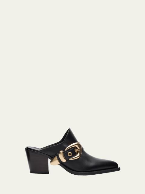 Stuart Weitzman Maven Leather Buckle Western Mules