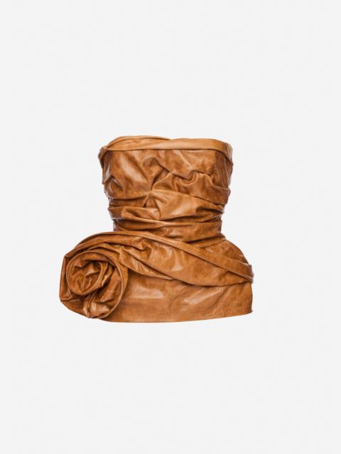 MAGDA BUTRYM Flower peplum leather corset top in camel