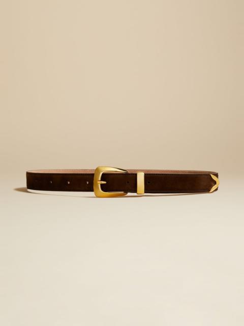 KHAITE The Benny Belt in Coffee Suede with Gold