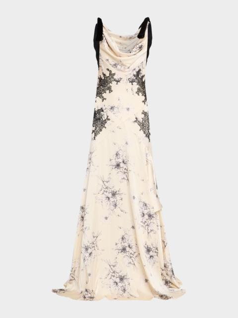 Cinq à Sept Hand-Sketched Floral Cowl-Neck Gown