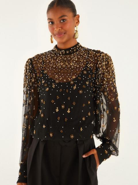 FARM RIO Black Embroidered Tulle Lined Blouse