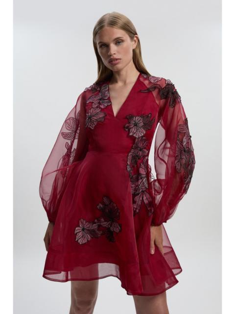KAREN MILLEN Floral Applique Organdie Woven Balloon Sleeve Mini Dress