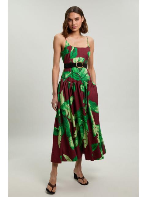 KAREN MILLEN Viscose Linen Palm Tree Belted Drop Waist Woven Midi Dress