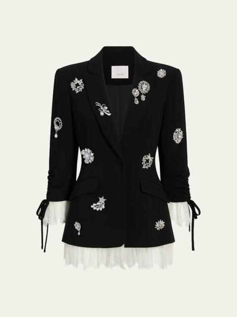 Cinq à Sept Roxie Crystal Brooch Blazer with Lace Trim