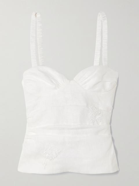 SIR. Alessandra Gathered Bead-embellished Embroidered Linen Camisole