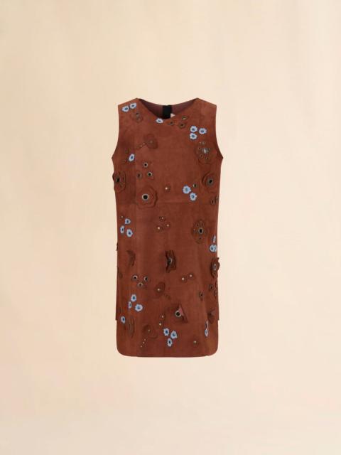BROWN SUEDE DRESS WITH DAISY APPLIQUÉS