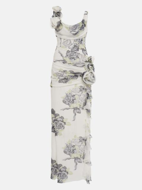 ROSE PRINT SILK GEORGETTE EVENING DRESS W/ VOLANT