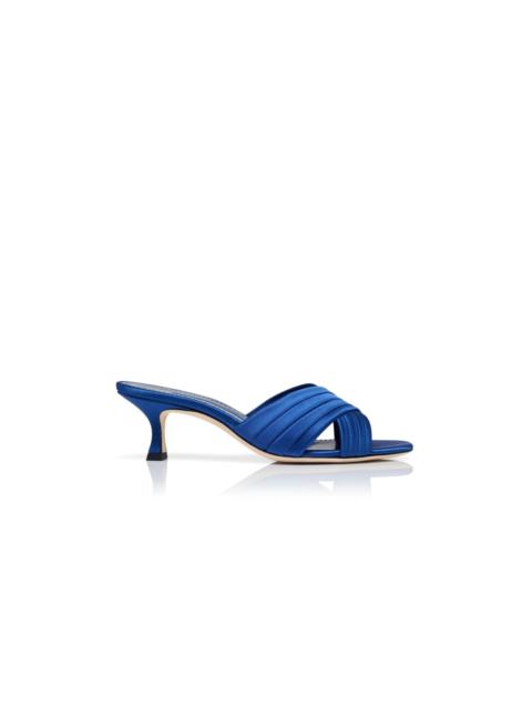 Manolo Blahnik Blue Satin Pleated Detail Mules