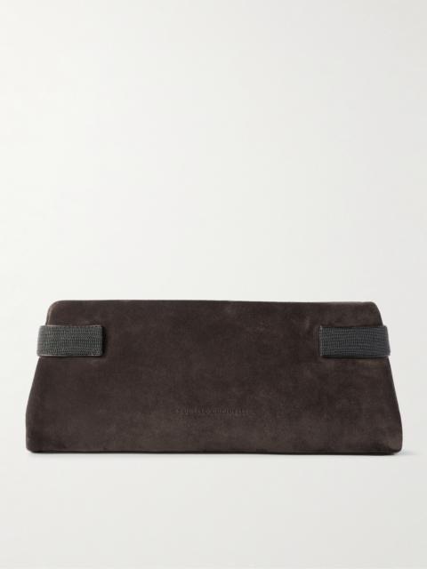 Brunello Cucinelli Bead-embellished Leather-trimmed Suede Clutch