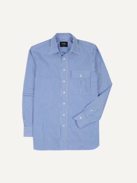 Drake's Blue and White Stripe Long Point Collar Flap Pocket Poplin Shirt