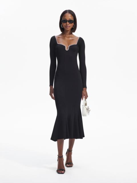 self-portrait Black Knit Diamante Trim Midi Dress