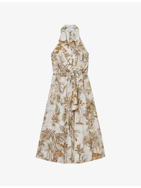 REISS Carla Palm-Print Linen Midi Dress