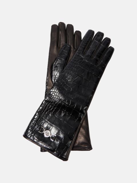 Croc-effect leather gloves