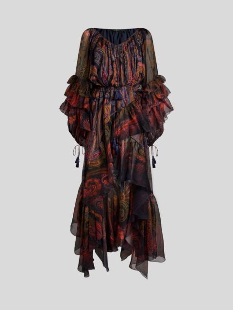 Etro SILK MIDI DRESS WITH RUFFLES AND PLACED PAISLEY PRINT