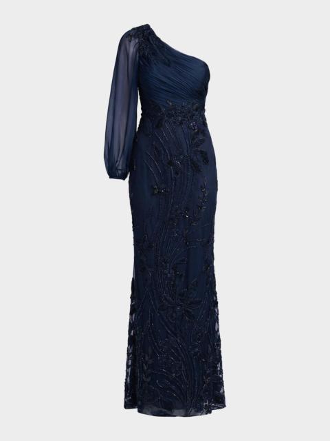 MAC DUGGAL Floral Appliqué Chiffon Trumpet One-Shoulder Gown