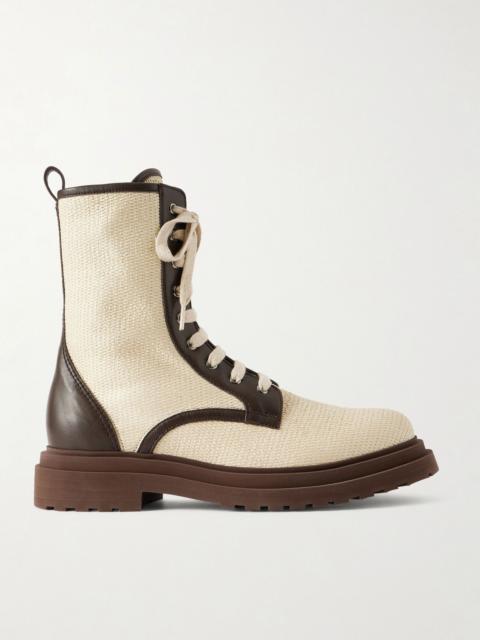 Brunello Cucinelli Lace-up leather-trimmed raffia boots Neutral