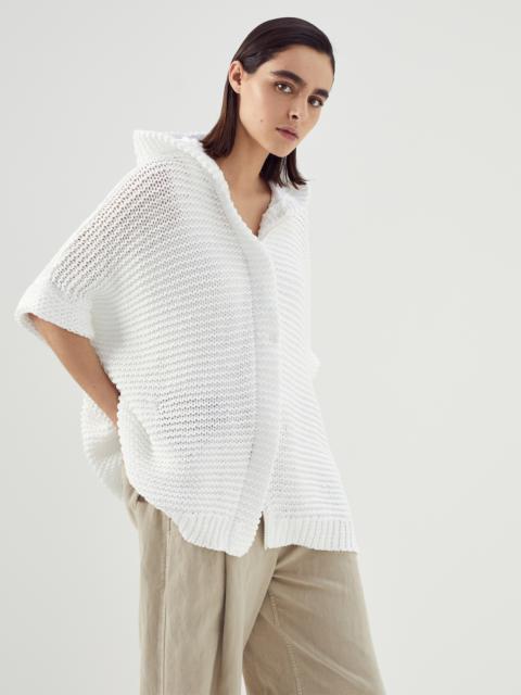 Cotton soft feather yarn link stitch poncho-style cardigan with monili