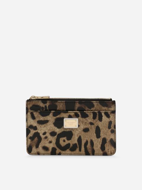 Medium leopard-print polished calfskin card holder with zipper