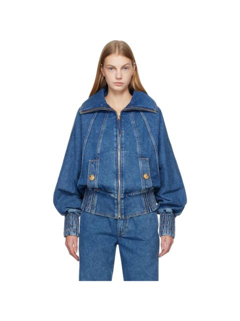 Balmain Blue Zipped Denim Bomber Jacket
