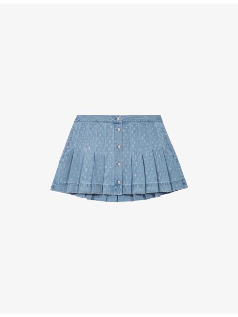 maje Rhinestone-Embellished Pleated Denim Mini Skirt