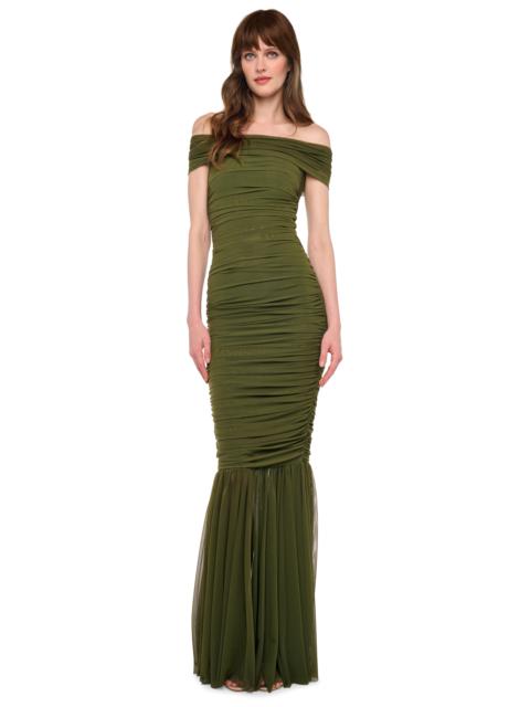 NORMA KAMALI COWL NECK SHIRRED FISHTAIL GOWN