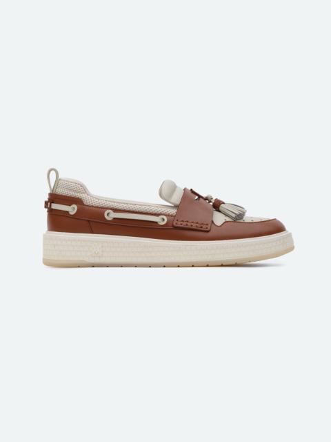 AMIRI monogram-plaque leather boat shoes - White