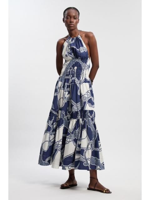 KAREN MILLEN Shirred Cotton Tiered Chain Print Halter Neck Woven Maxi Dress