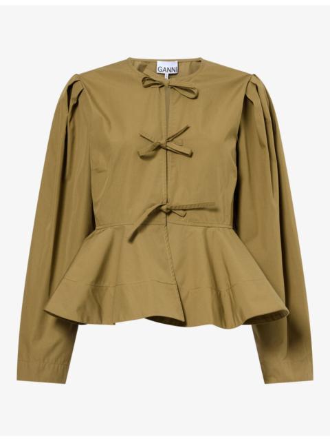 GANNI Bow-Embellished Peplum-Hem Cotton Blouse