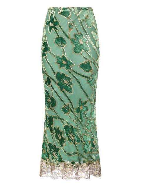 Roberto Cavalli floral-velvet lace-trimmed long straight skirt