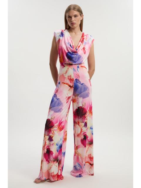 KAREN MILLEN Floral Printed Drapey Jersey Cowl Neck Wide Leg Jumpsuit