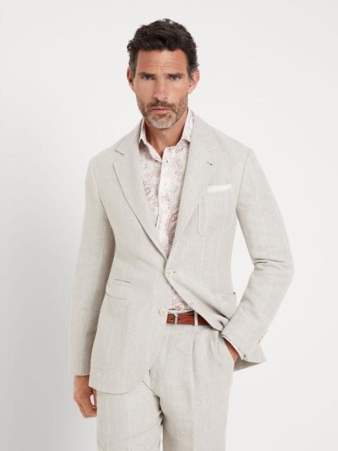 Brunello Cucinelli Linen, silk, wool and cotton textured chalk stripe deconstructed blazer with patch pockets