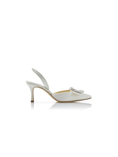 Manolo Blahnik Cream Satin Crystal Buckle Slingback Pumps