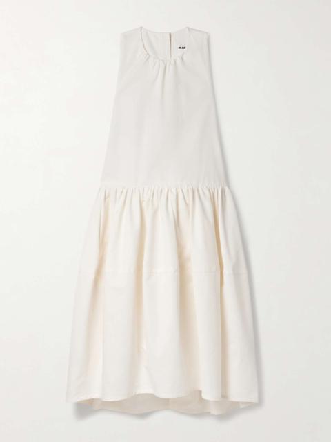 Jil Sander Gathered pleated cotton and silk-blend poplin midi dress White
