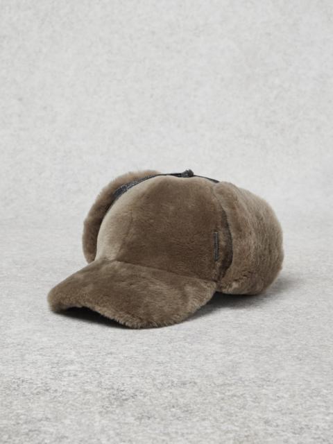 Brunello Cucinelli Shearling baseball cap with ear flaps and precious ties