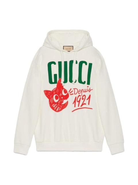 GUCCI (WMNS) Gucci Cotton jersey hooded sweatshirt with Gucci Depuis 1921 cat print 'White' 717427-XJFNL-9
