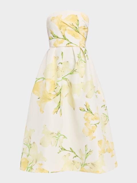 Monique Lhuillier Strapless Snapdragon Print Silk Faille Midi Dress
