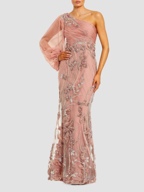 MAC DUGGAL Women's One-Shoulder Embroidered Chiffon Trumpet Gown - Mocha