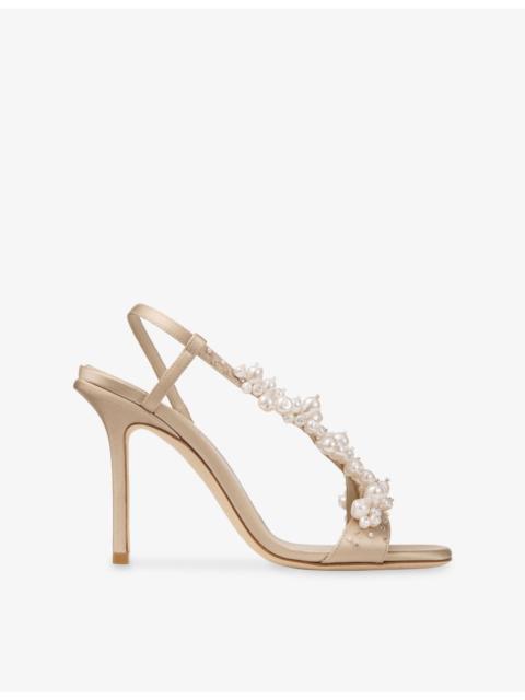JIMMY CHOO Irina 100 Pearl-Embellished Satin Heeled Sandals