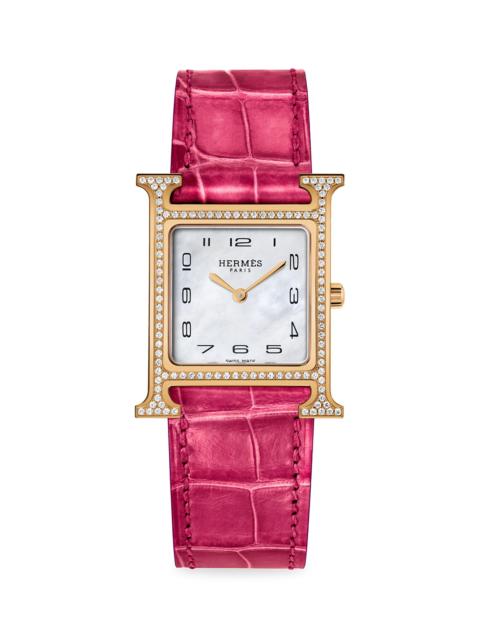 Hermès Women's Heure H 18K Rose Gold, 0.45 TCW Diamond & Alligator Strap Watch/26MM - Pink