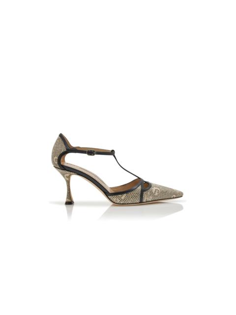 Manolo Blahnik Lizard Print Calf Leather T-Bar Pumps