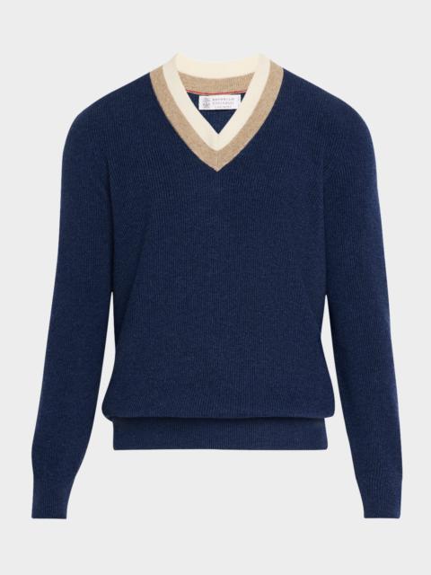 Men's Cashmere Double Varsity Stripe V-Neck Sweater