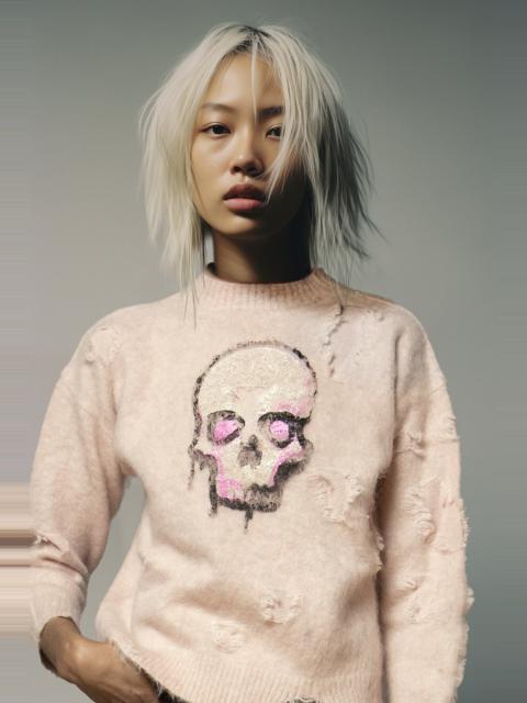 R13 DECONSTRUCTED SKULL SWEATER - LIGHT PINK