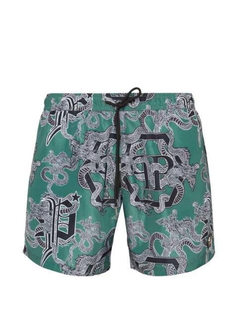 PHILIPP PLEIN printed logo-patch swim shorts