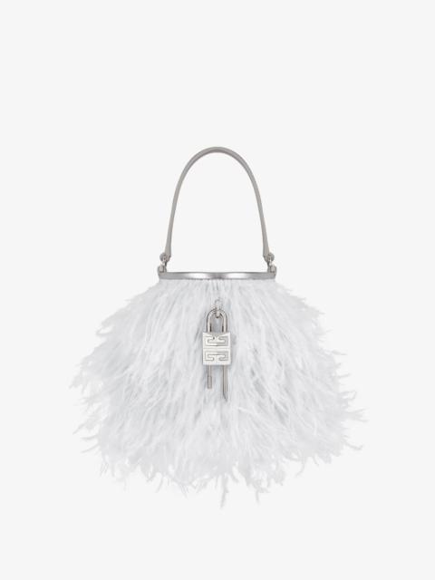 MICRO SHARK LOCK BUCKET BAG IN SATIN WITH FEATHERS