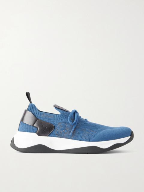 Berluti Shadow Leather-Trimmed Stretch-Knit Sneakers Blue