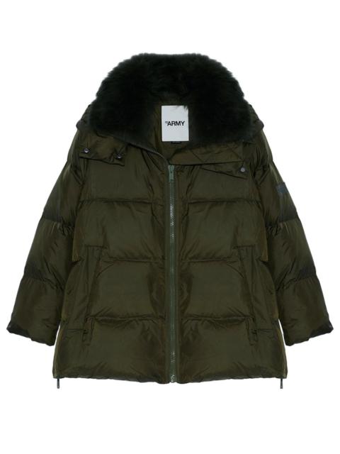 A-line puffer jacket made from a water-resistant performance fabric with a long-haired lambswool col